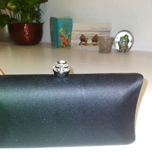 Black Satin Clutch With Rhinestone Clasp